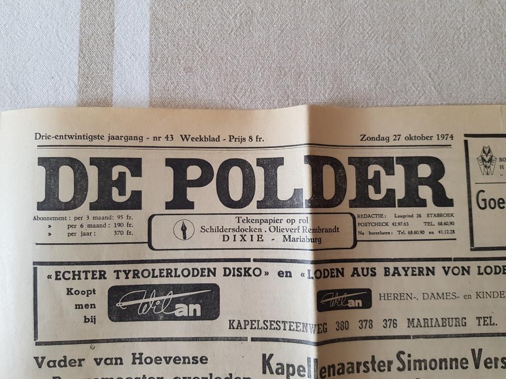 Exemplaar van krant DE POLDER uit 1974, Verzamelen, Tijdschriften, Kranten en Knipsels, Ophalen, 1960 tot 1980, Krant