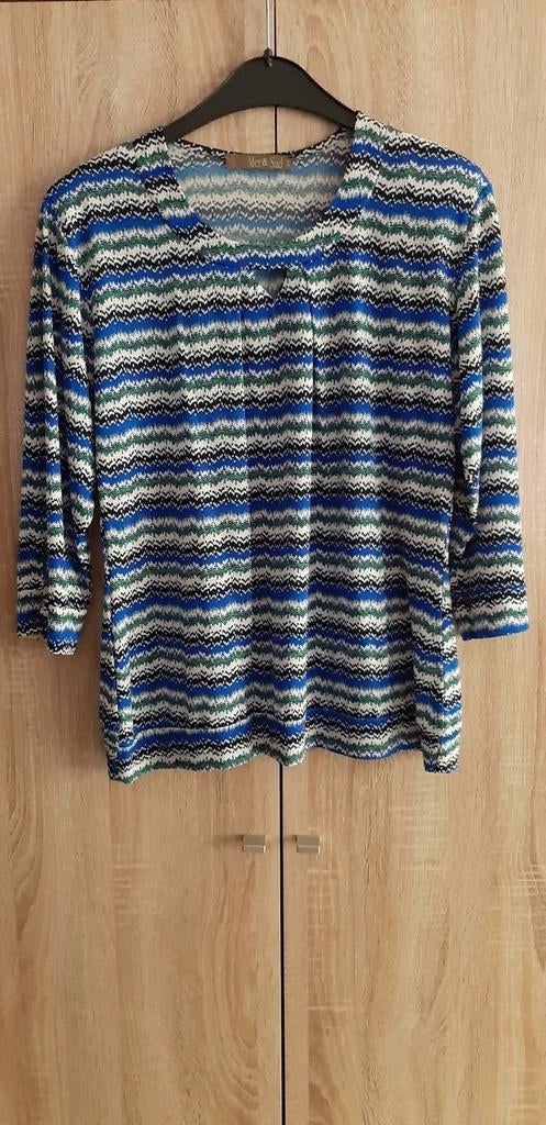 Blauw-groen-wit-zwarte bloes van Mer & Sud, Kleding | Dames, Maat 42/44 (L), Verzenden, Blauw, Gedragen