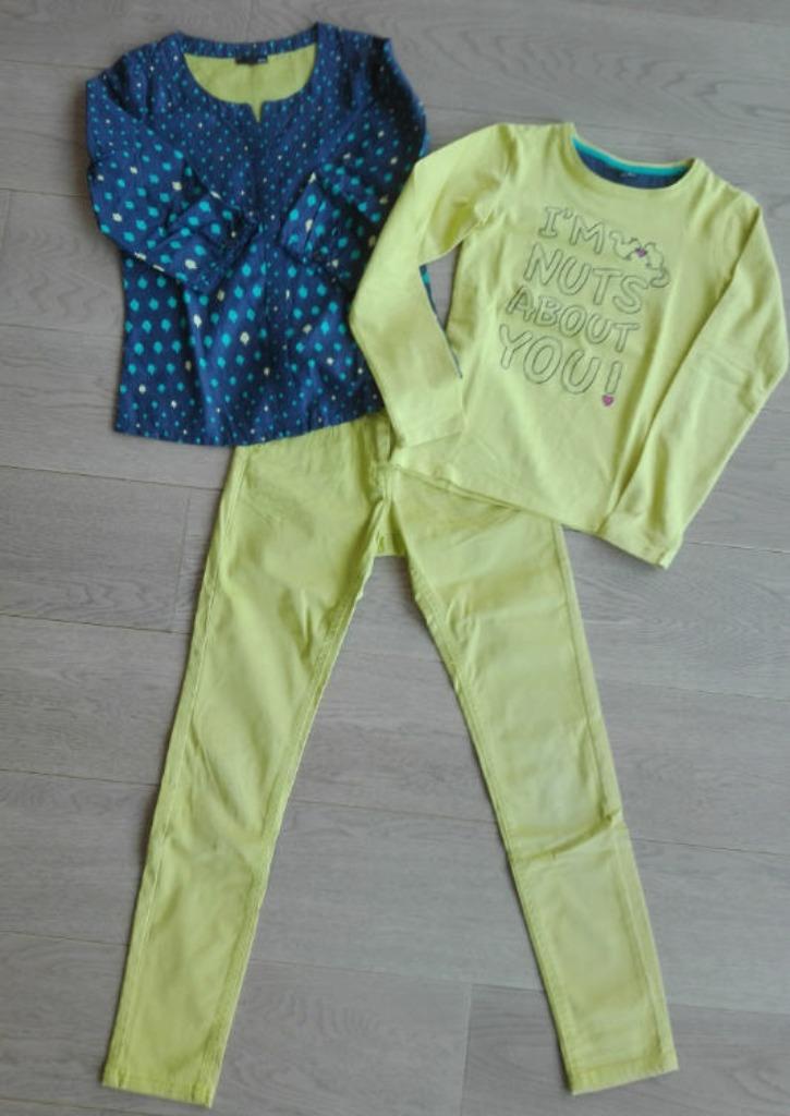 Set broek, T-shirt en blousje meisje, JBC maat 134 - 140, Kinderen en Baby's, Kinderkleding | Maat 134, Zo goed als nieuw, Meisje