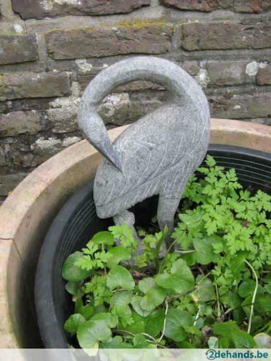 kraanvogel tuinbeeld in zwart (grijs) graniet ca. 29 cm, Ophalen, Zo goed als nieuw, Dierenbeeld