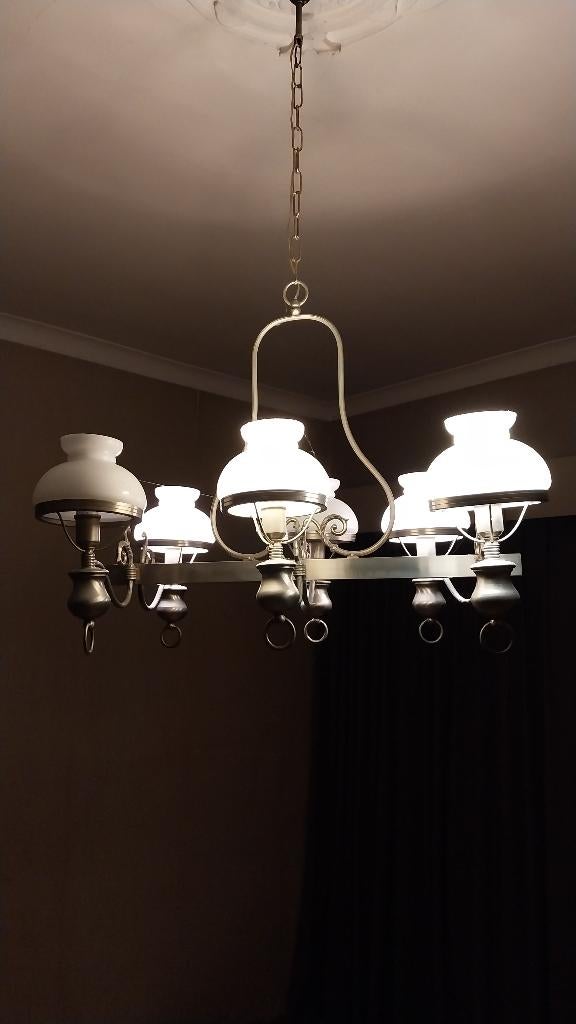 3 lusters en 2 wandlichten in tin, Ophalen