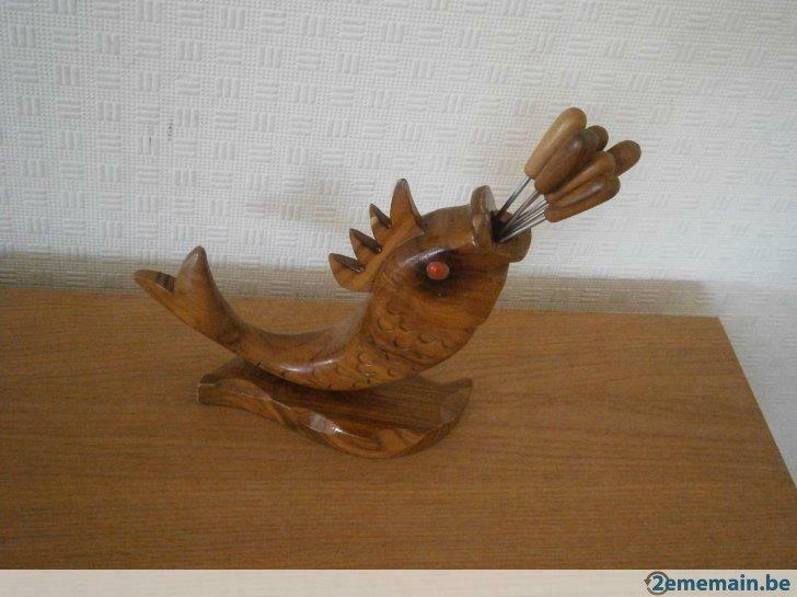 Vintage Design Bois Poisson + 6 Fourchettes à Cocktail  70's