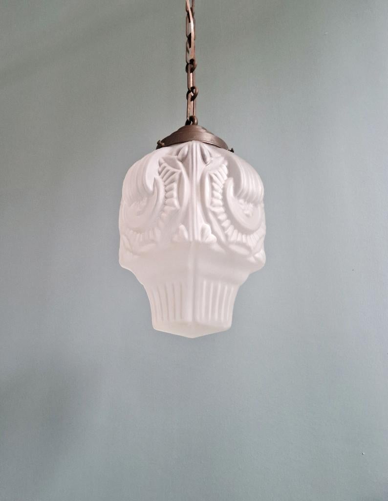 Art Deco hanglamp in gematteerd persglas, 1920-30, Ophalen of Verzenden