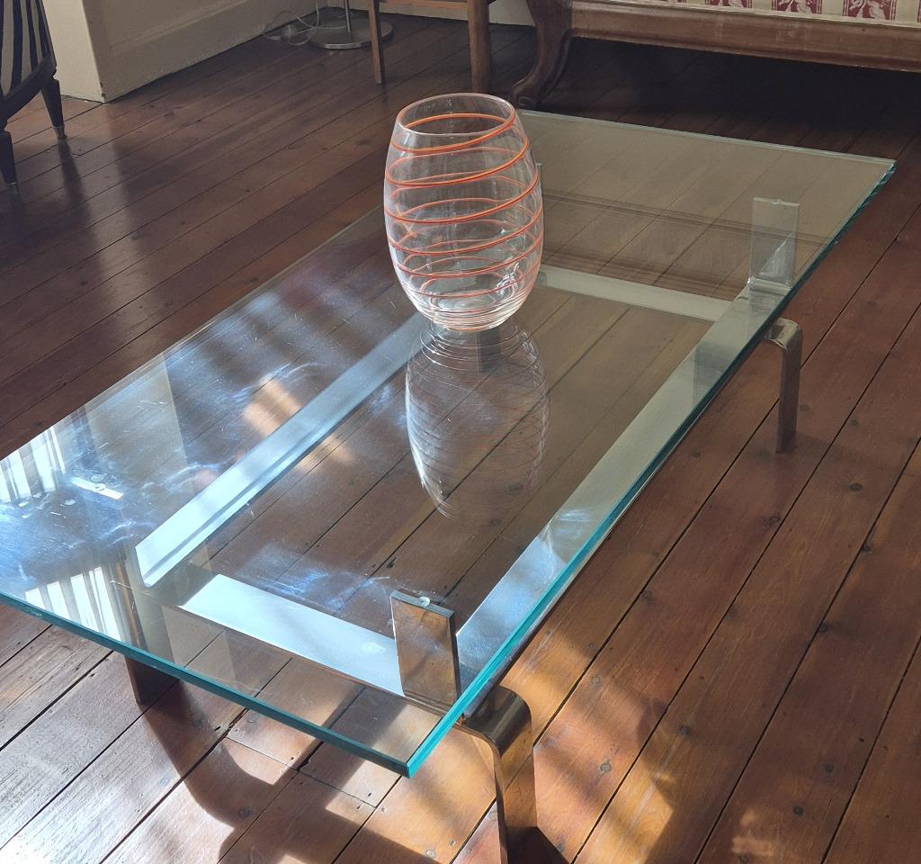 Table basse design chromée avec plateau en verre, 100 à 150 cm, Comme neuf, Enlèvement, Rectangulaire
