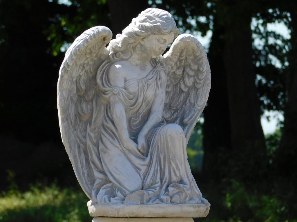 Statue d'ange sur socle rond - 73 cm - Pierre, Enlèvement ou Envoi, Pierre, Ange