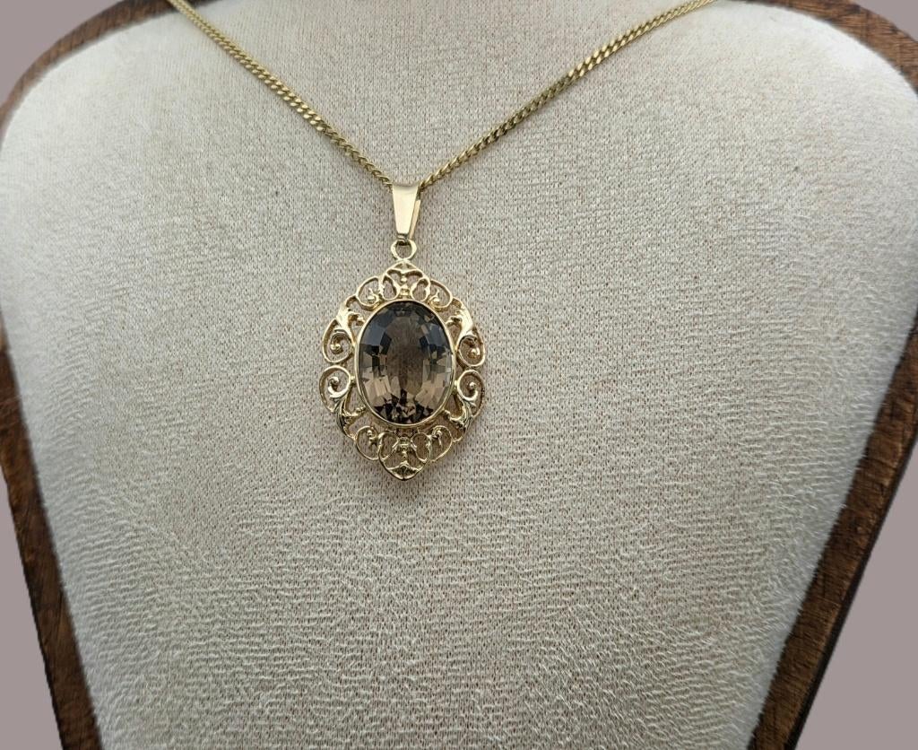 Pendentif vintage en or avec topaze fumée. 2025/873., Bijoux, Sacs & Beauté, Bijoux anciens, Envoi, Or, Pendentif, Avec pierre précieuse