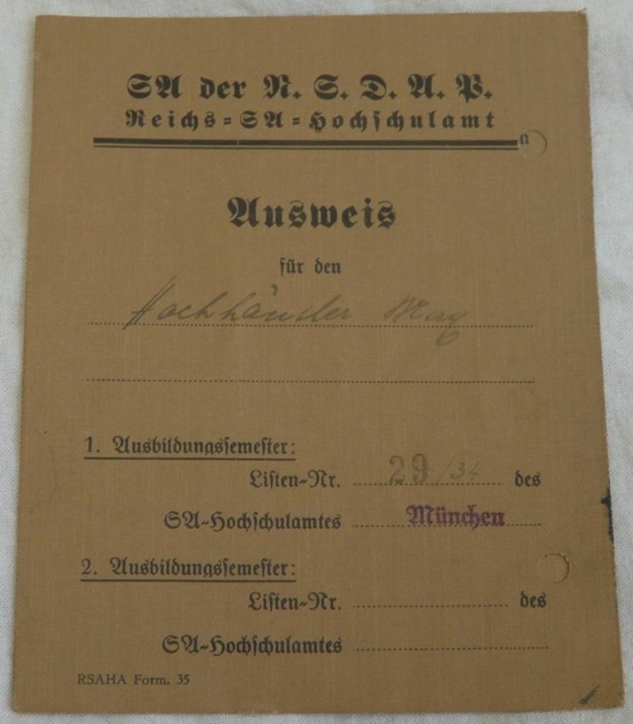 Ausweis, Persoonsbewijs, Reichs Hochschulamt, München, 1934., Verzamelen, Militaria | Tweede Wereldoorlog, Overige soorten, Overige typen