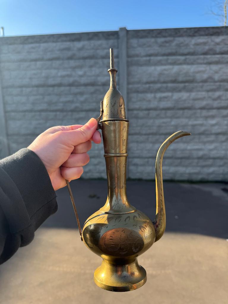 Gelekoper Vintage geëtste koperen koffie- of theepotten, Ophalen of Verzenden, Huis en Inrichting