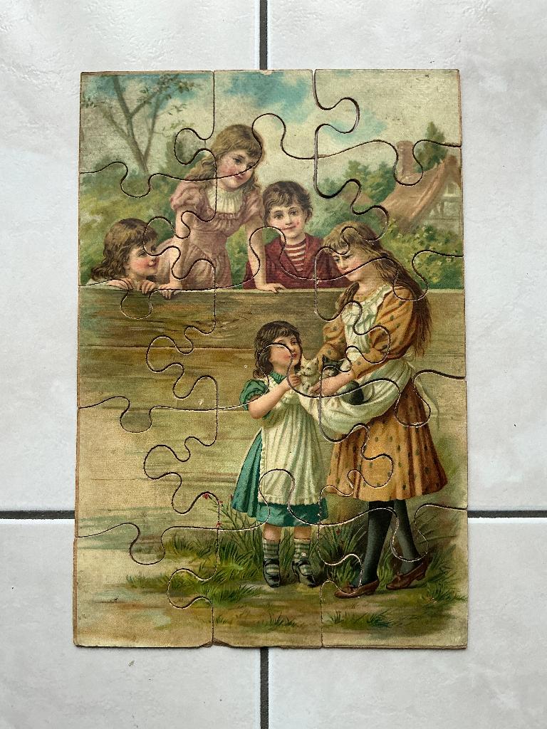 Eeuwenoude puzzel op houten fineer, 15 stukjes, rond 1900!, Antiek en Kunst, Ophalen of Verzenden