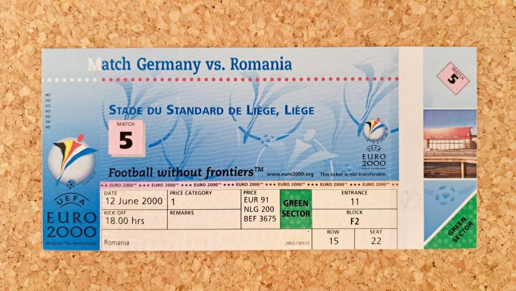 BILLET : EURO 2000 Germany vs.  Romania- MATCH 5, Collections, Articles de Sport & Football, Enlèvement ou Envoi, Neuf