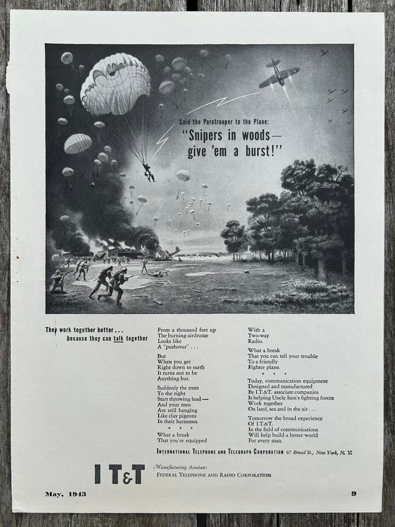 US WO2 advertentie IT&T met parachutisten, airborne, Ophalen of Verzenden