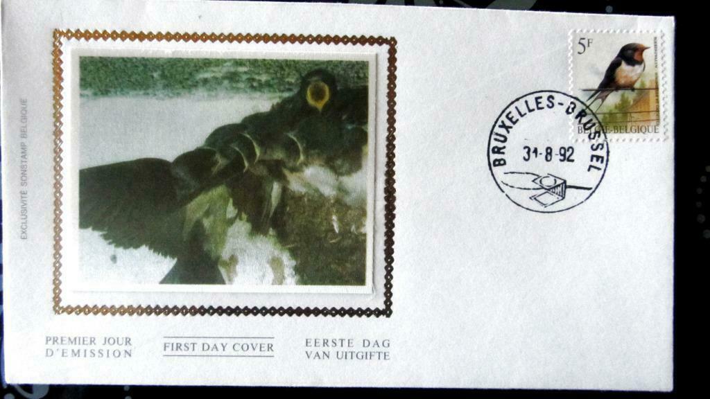 FIRST DAY COVER OP ZIJDE- VOGELS VAN BUZIN- DE BOERENZWALUW, Ophalen of Verzenden, Gestempeld, Dier of Natuur