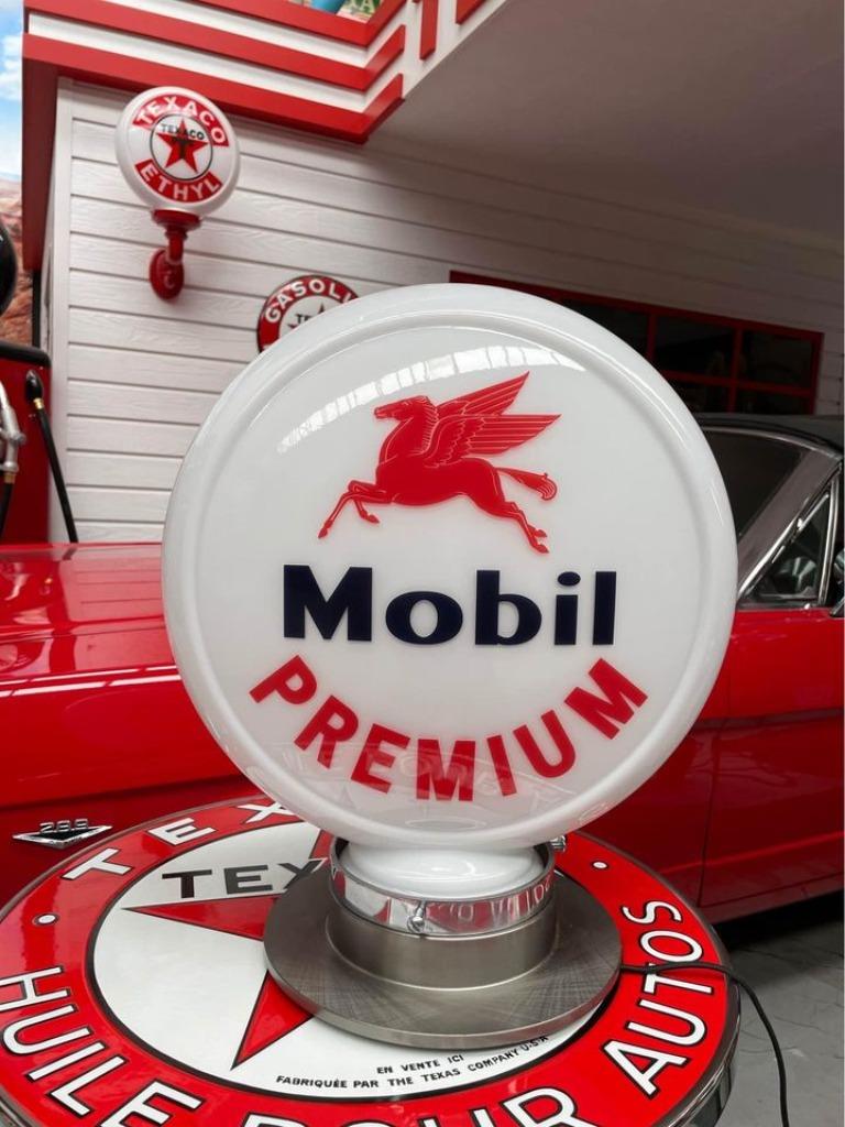 Mobil premium glazen benzinepomp globe reclame pomp lamp, Enlèvement ou Envoi, Comme neuf, Table lumineuse ou lampe (néon)