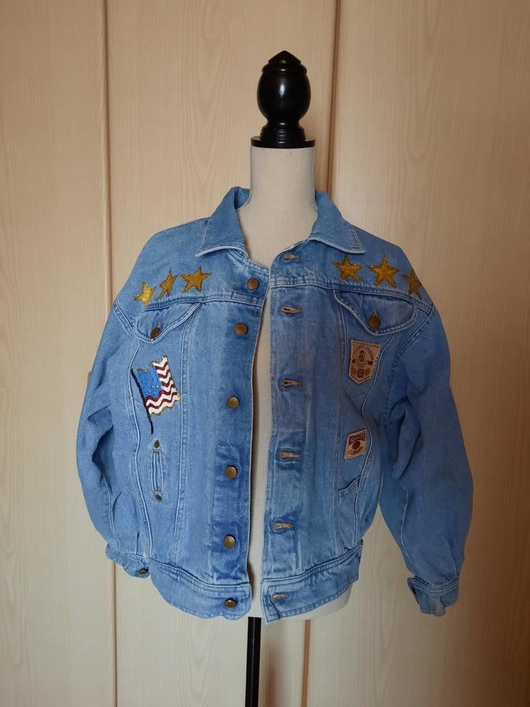 Jongens jeansjas met stoere print. Maat 164, Ophalen of Verzenden, Zo goed als nieuw