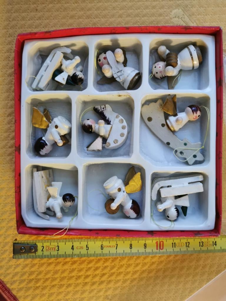 9 Vintage witte houten kerstfiguurtjes kerstbal kerstboom., Ophalen of Verzenden, Zo goed als nieuw