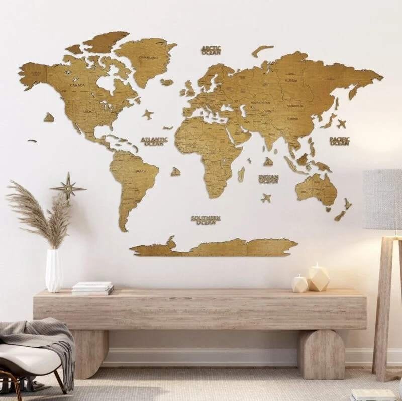Houten wereldkaart met vlaggenpins, Huis en Inrichting, Woonaccessoires | Wanddecoraties, Ophalen, 120 cm, Hout, Decoratieobject