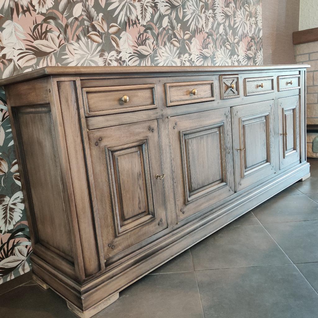 eetkamer (dressoir 2m50, tafel 2m10 en 6 stoelen), Enlèvement, Utilisé, Rustiek, kleur taupe, 6 à 8 chaises