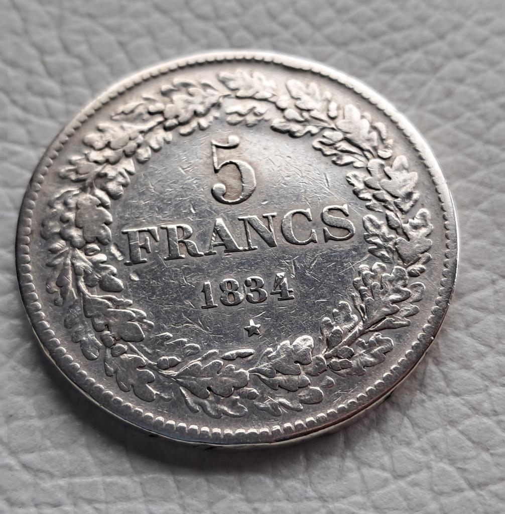 5 francs Leopold I - 1834, Postzegels en Munten, Munten | België, Zilver, Ophalen of Verzenden, Losse munt, Zilver