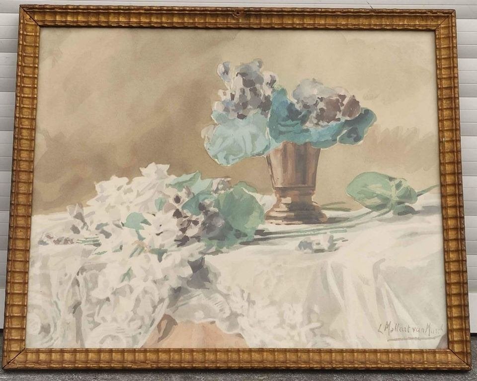 aquarelle nature morte signe leonie mottard van marcke, Antiquités & Art, Art | Peinture | Classique, Enlèvement ou Envoi, Aquarelle