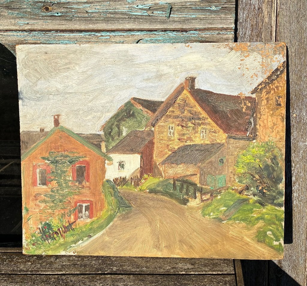 Olieverf schilderijtje Henri Gaillot 1957 straat in Durbuy, Ophalen, Olieverf, Stadsgezicht, Hout