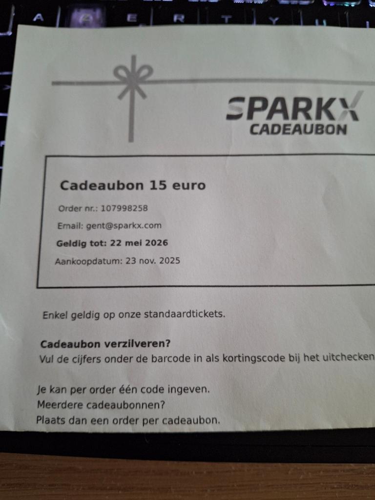 Cadeaubon Sparkx Gent of Hasselt, Tickets en Kaartjes, Eén persoon, Cadeaubon, Pretpark
