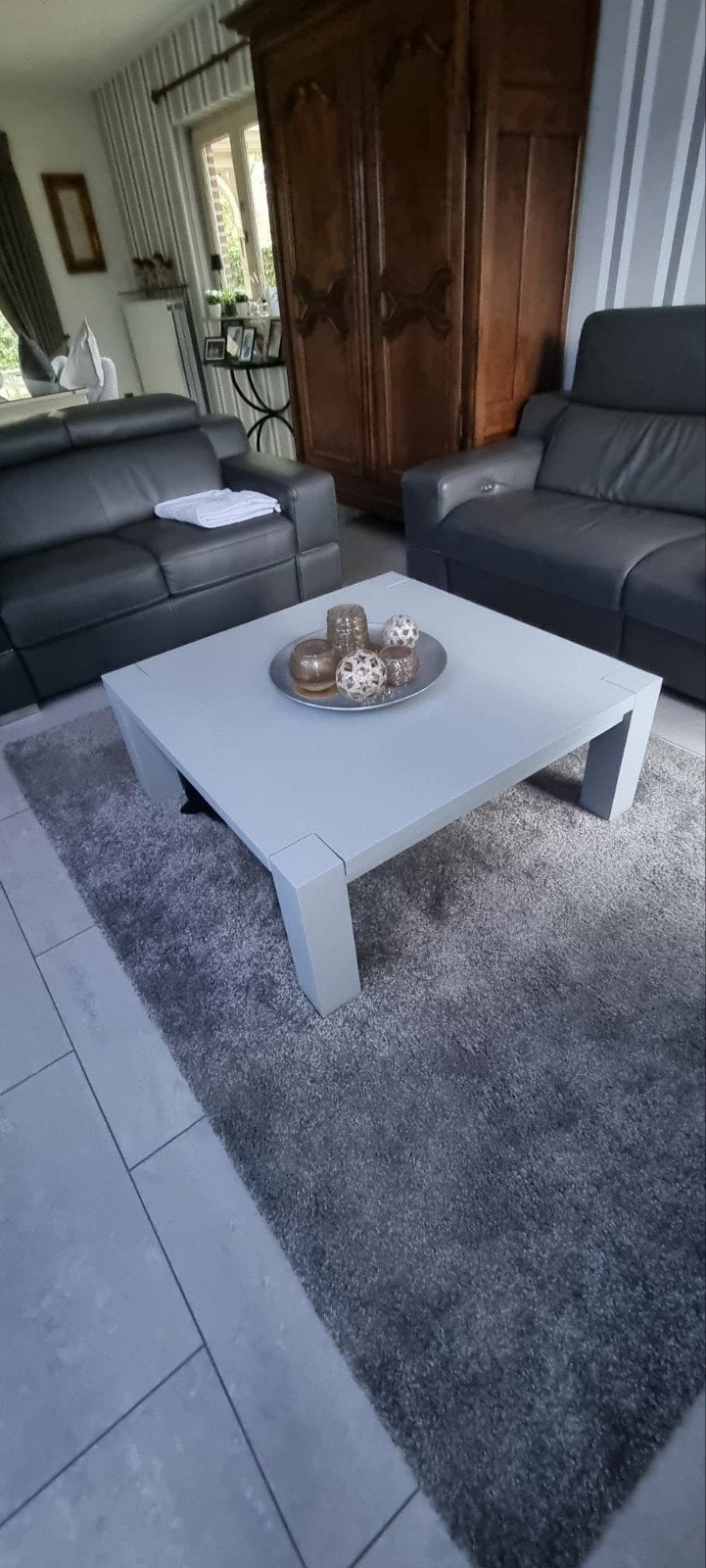 Salontafel uit massief kerselaar hout 1m/1m lichtgrijs, Huis en Inrichting, Ophalen