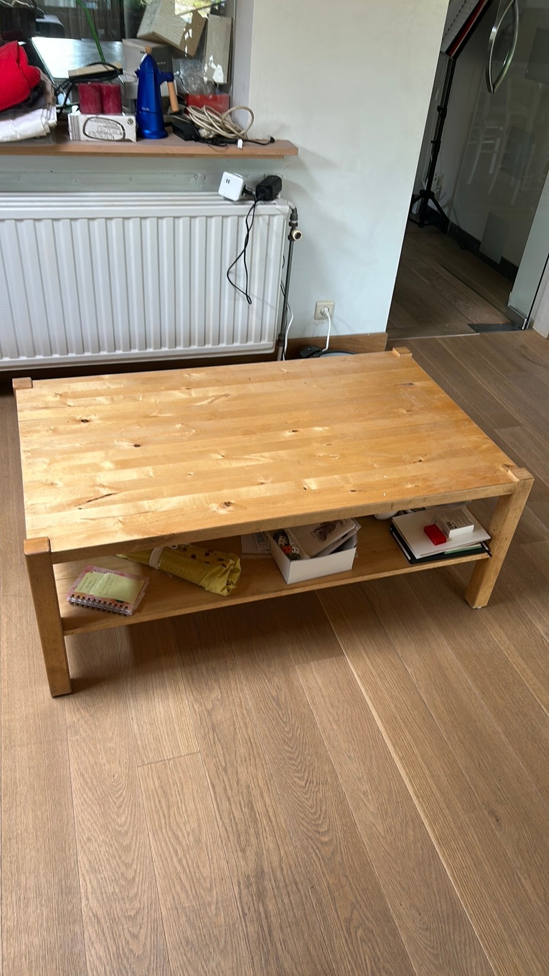 Salontafel massief grenen, dubbel blad, Ophalen, Gebruikt, 100 tot 150 cm, 50 tot 100 cm