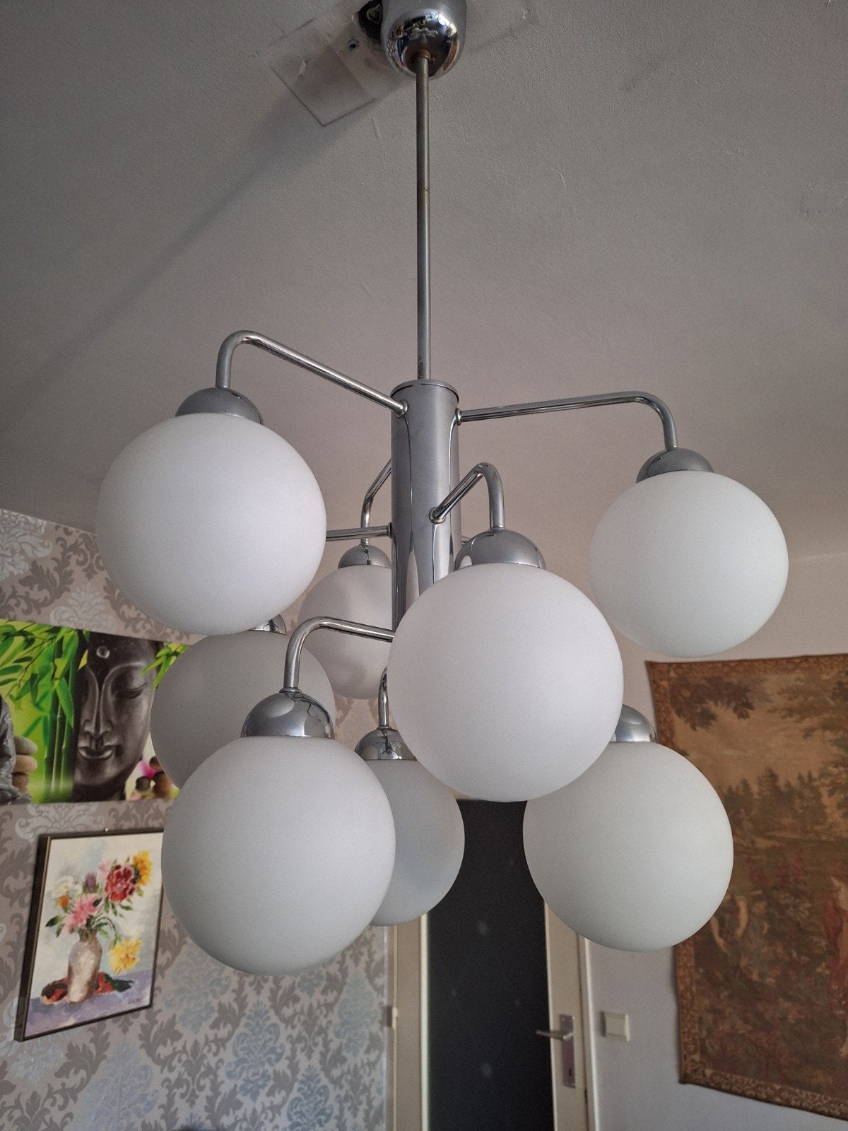 Mid-Century Modern Chroom en glazen lampenkappen luster, Enlèvement