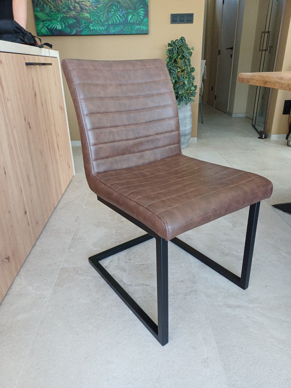 eetkamer stoelen 6 st. bruin kunstleer slede zwart metaal, Maison & Meubles, Chaises, Brun, Enlèvement, Métal, Cinq, Six Chaises ou plus