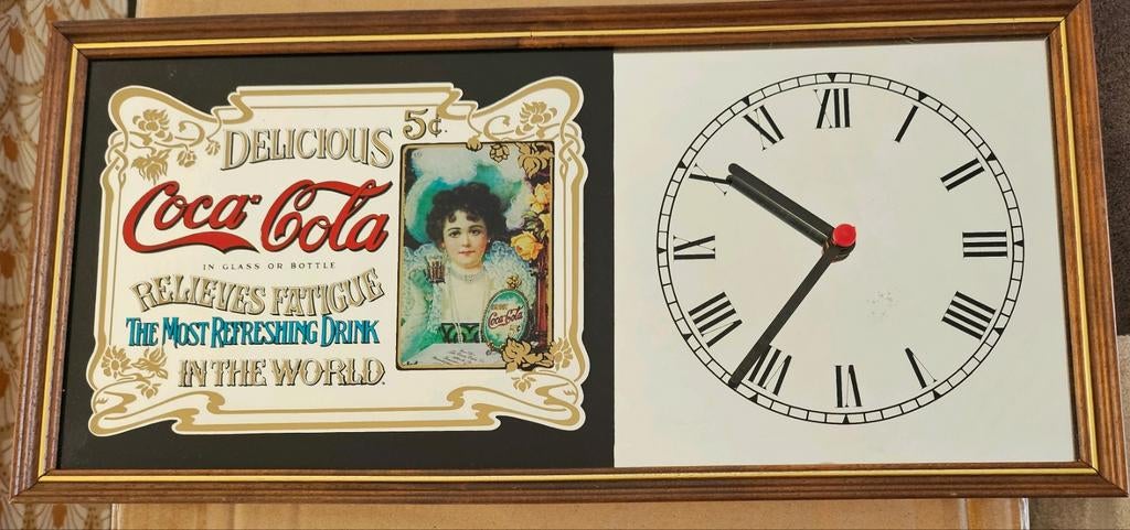 Originele coca cola spiegel met klok in kader, Ophalen, Gebruikt