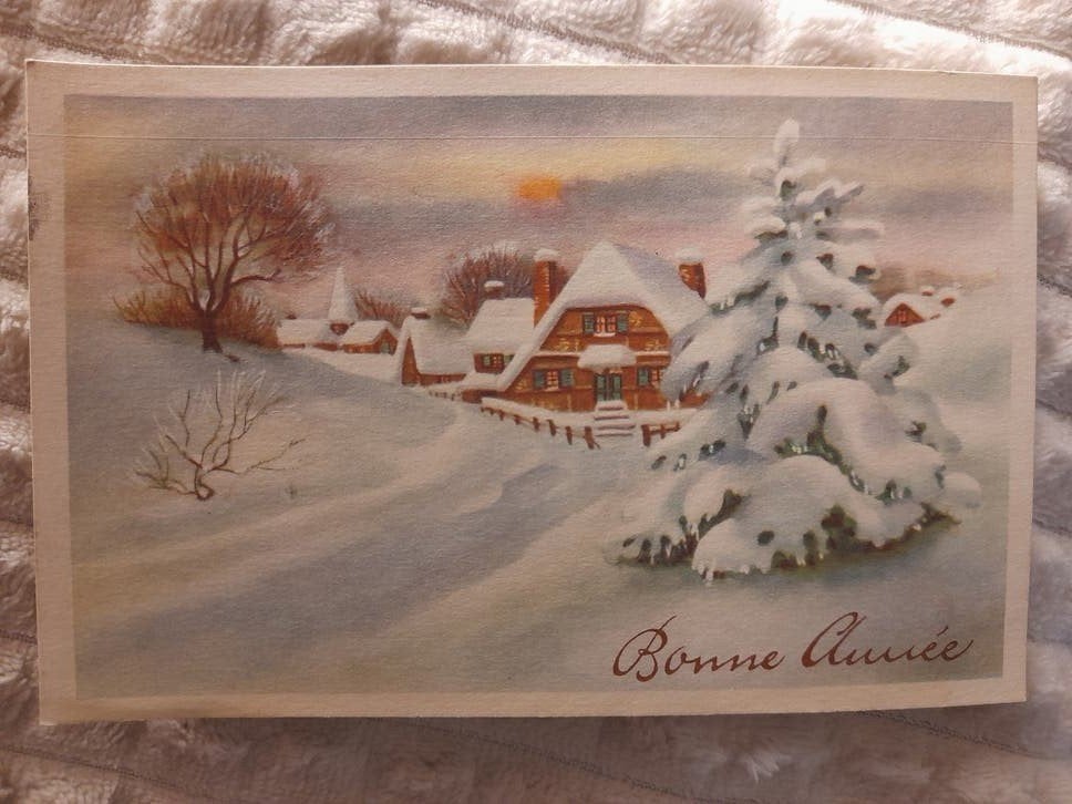 Wenskaart „Snowy Village” uit de jaren 40, Ophalen of Verzenden, 1940 tot 1960, Gelopen, Feest(dag)