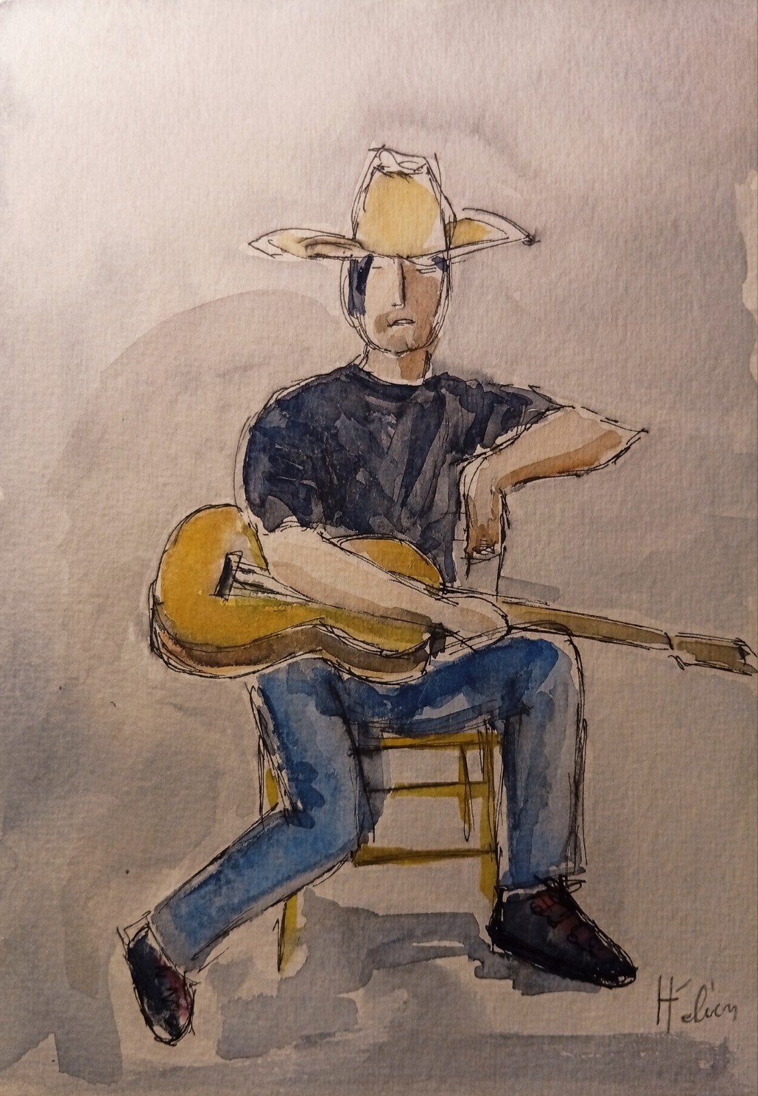 De gitarist met de gele hoed. Oude aquarel. Helion, Ophalen of Verzenden, Aquarel