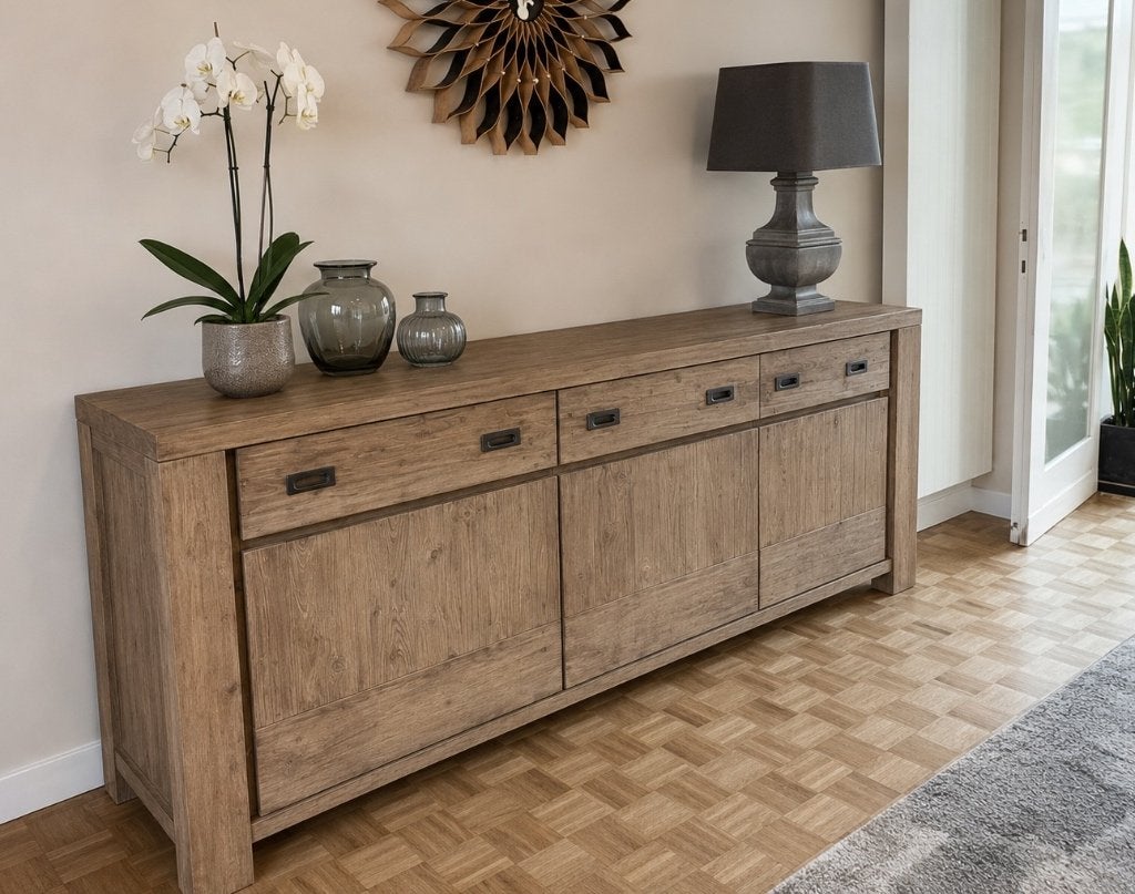 Henders & Hazel dressoir van massief acacia — 220 cm, Huis en Inrichting, Ophalen, Gebruikt, Met lade(s), 200 cm of meer