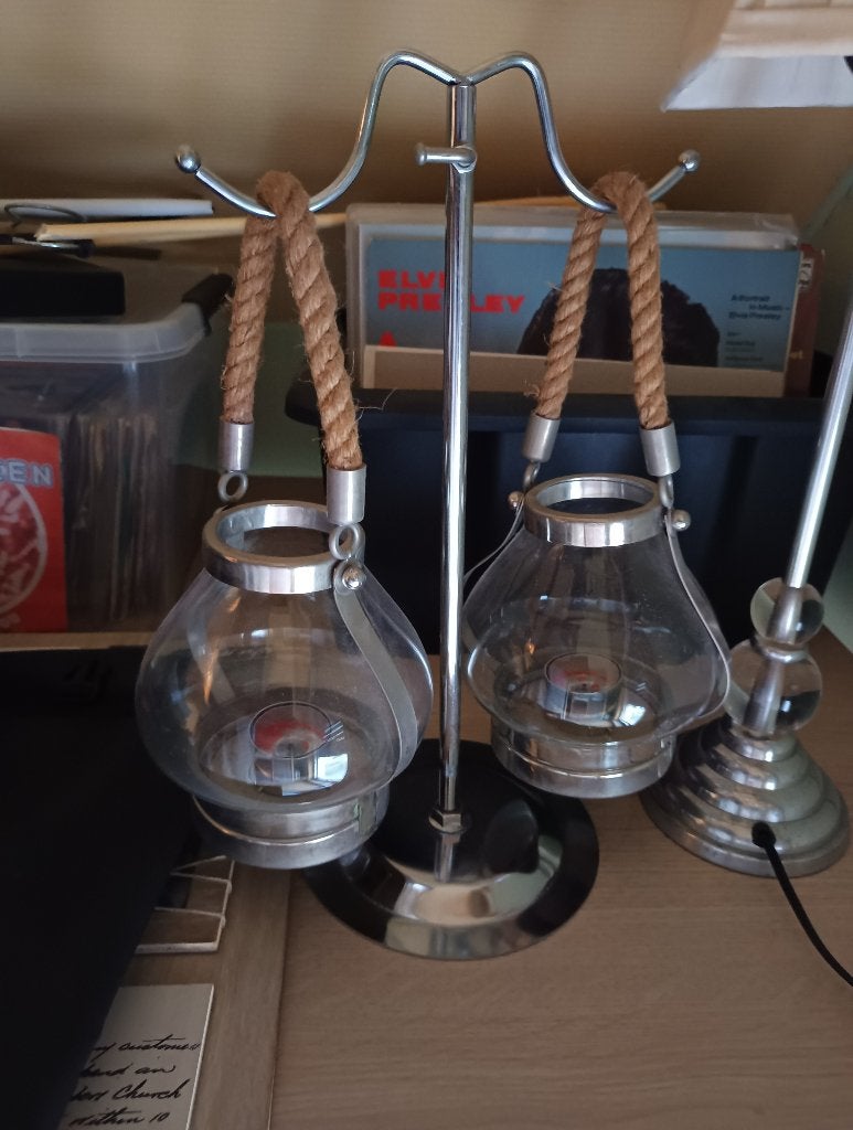 Glazen windlichten met rustieke touwhandvat, Ophalen, Gebruikt