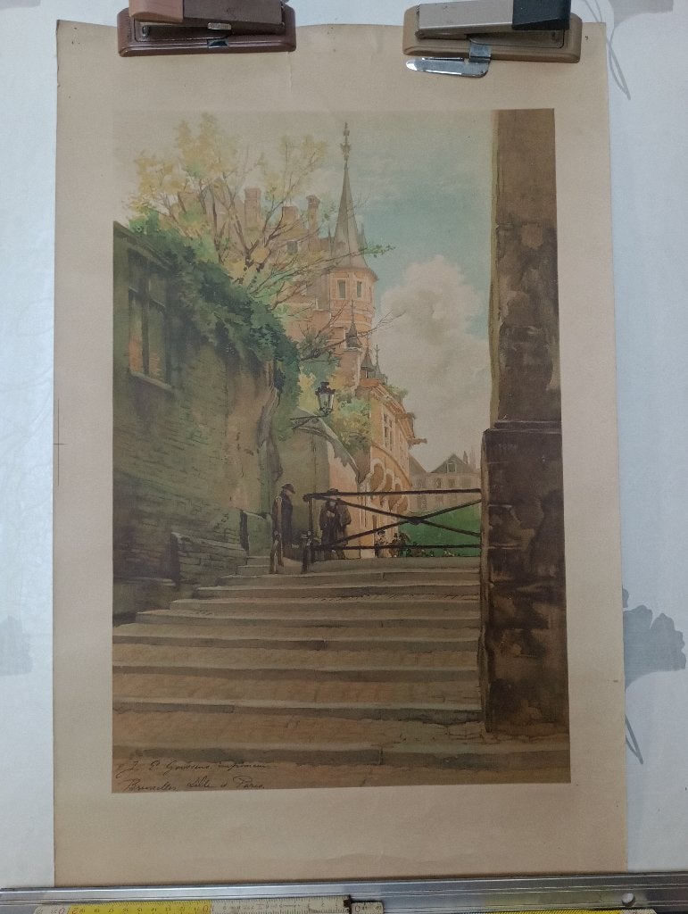 Lithografie Louis Titz-Rue Ravenstein Bruxelles, Antiek en Kunst, Ophalen of Verzenden, Lithografie