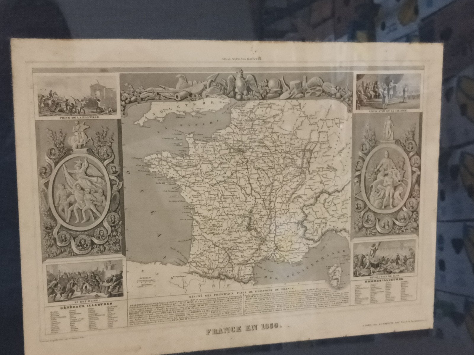 Antieke Kaart Frankrijk (1850) in Luxe Bamboe Lijst, Ophalen, Gravure