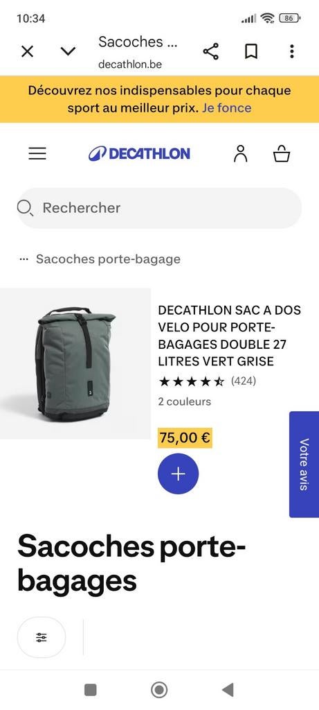 SAC A DOS VELO POUR PORTE-BAGAGES DOUBLE  27 L, Utilisé, Decathlon