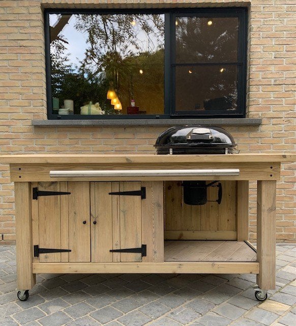 Buitenkeuken BBQ-tafel - meubel (op wielen) met dubbele deur, Ophalen of Verzenden, Zo goed als nieuw, Houtskool