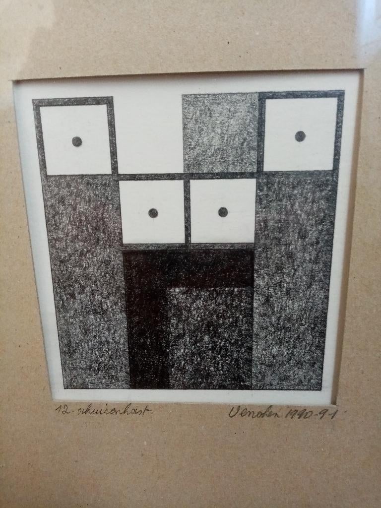 Abstract/geometrische gravure op karton 1990/91s, Verzamelen, Foto's en Prenten, 1980 tot heden, Nieuw, Ophalen of Verzenden, Prent