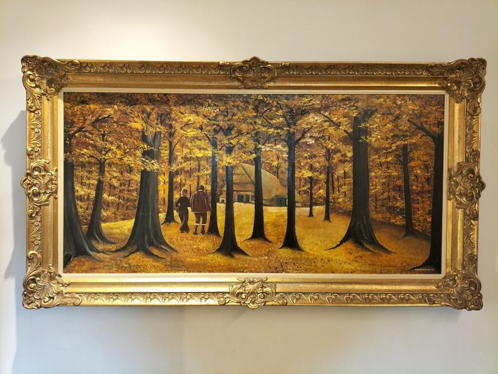 Grande peinture à l'huile vintage, forêt d'automne —A. De Me, Antiquités & Art, Art | Peinture | Classique, Enlèvement ou Envoi