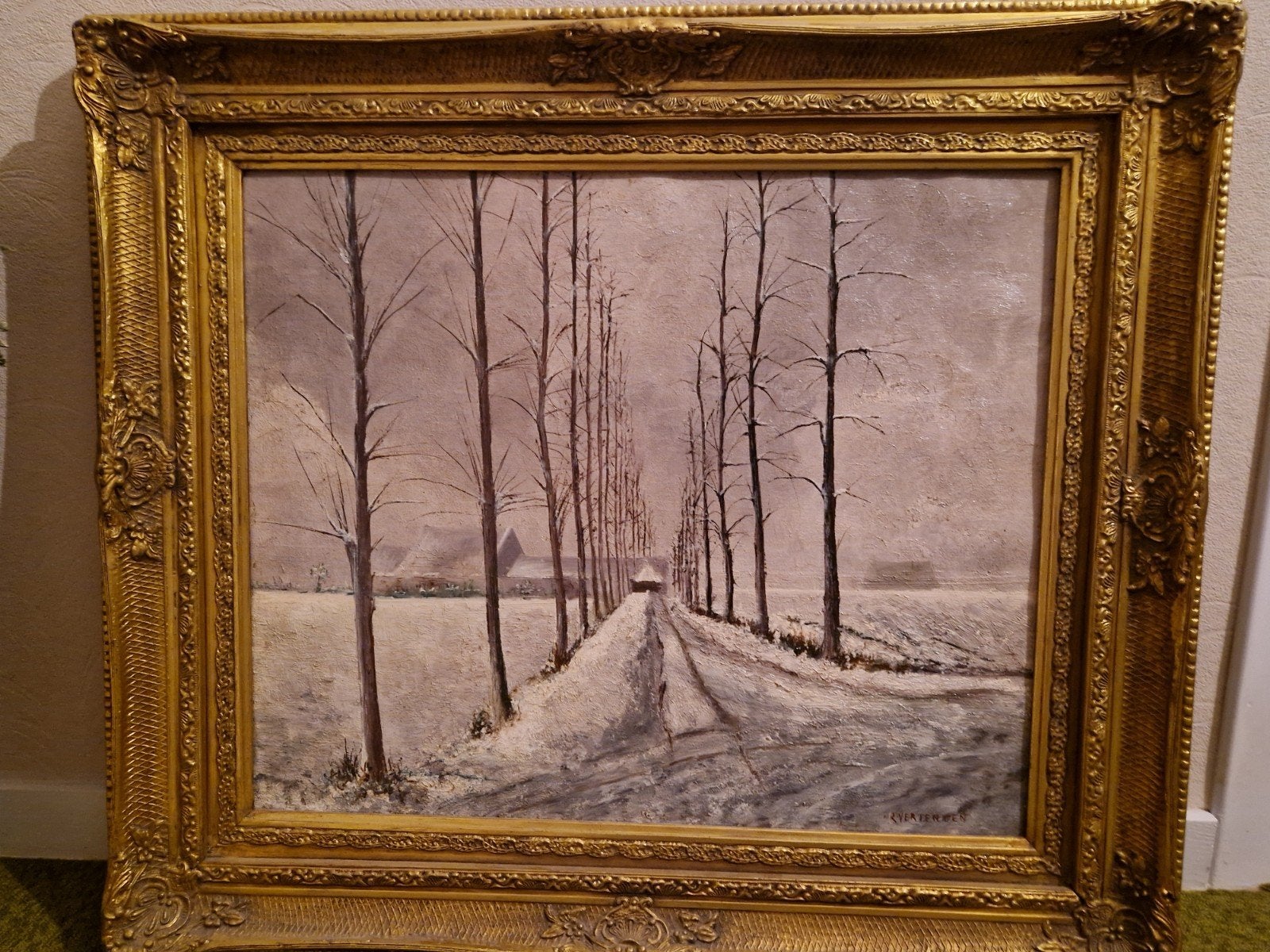 schilderij winterlandschap in barokke kader, Antiek en Kunst, Ophalen, Gesigneerd