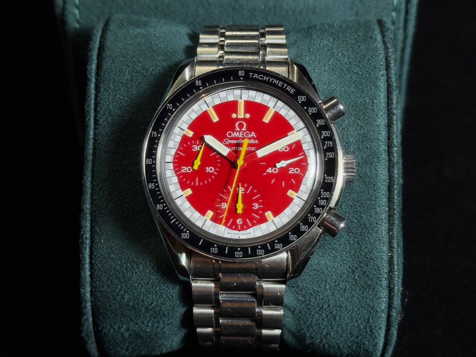 Omega Speedmaster Reduced Schumacher 3510.61 Red Dial, Handtassen en Accessoires, Horloges | Heren, Staal, Gebruikt, Staal, Polshorloge