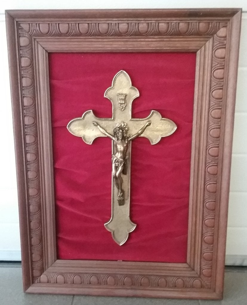 Uniek antiek koperen kruis verfijnd gesculpteerd kader hout, Antiek en Kunst, Ophalen