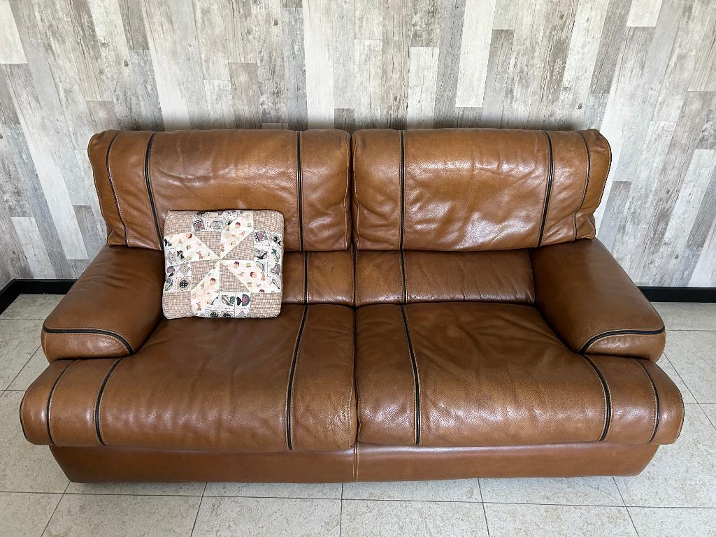 Bruin Lederen salon zetels (2 stuks), Huis en Inrichting, Ophalen, Kwalitatief Leer, Gebruikt, 150 tot 200 cm