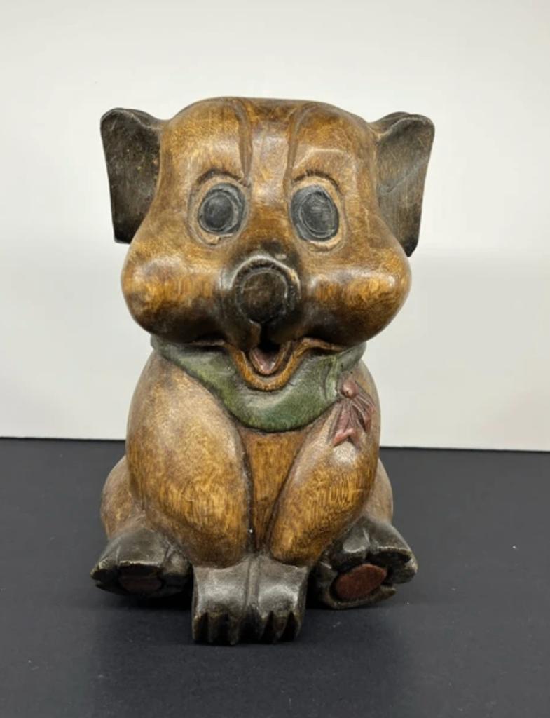 massief hout handgekerft beeld - blije zittende hond, Ophalen of Verzenden