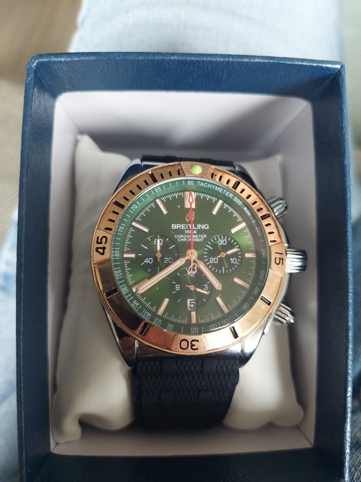 breitling Chonograph groen wijzerplaat Rubber horloge band, Staal, Breitling, Polshorloge, Overige materialen