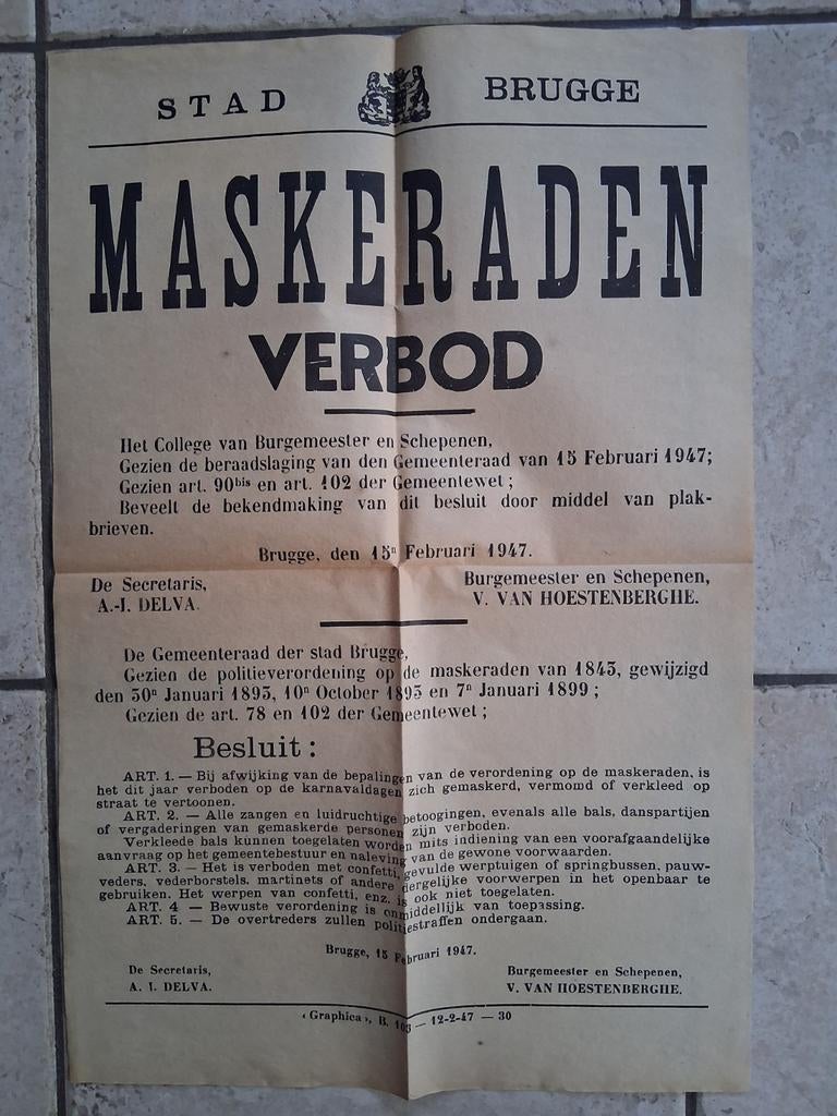 Affiche Brugge 1947 Karnaval Maskaraden, Verzamelen, Ophalen of Verzenden