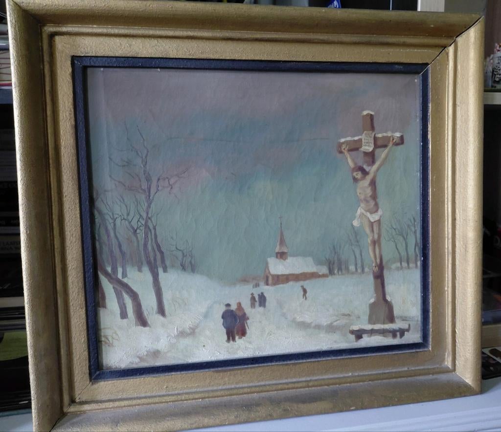Schilderij met sneeuwlandschap en kruis, Antiek en Kunst, Ophalen