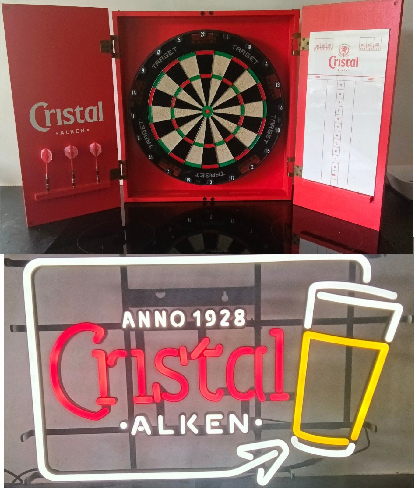 UNIEKE CRISTAL ALKEN SET – DARTKAST + LICHTRECLAME, Ophalen, Gebruikt, Reclamebord, Plaat of Schild, Overige merken