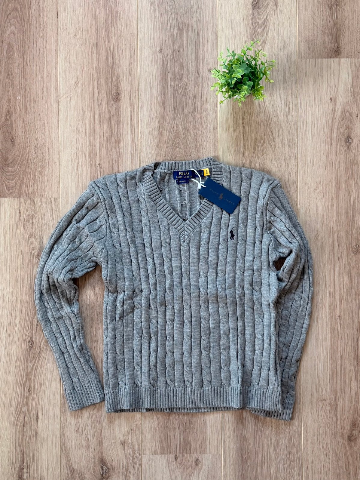 Ralph Lauren Kabeltrui met V Hals, Verzenden, Nieuw, Maat 52/54 (L), Grijs